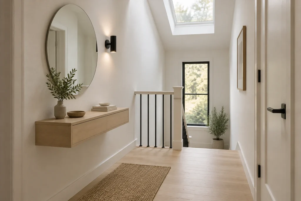 Floating console entry with hidden storage and mirror on a compact landing, Scandinavian minimalist Small landing or vestibule (approx. 4.5 ft wide) interior
