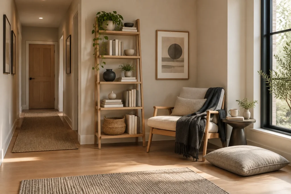 Slim corner reading nook with ladder bookshelf, Japandi (Japanese-Scandi hybrid) Corner off a hallway adjacent to a window interior