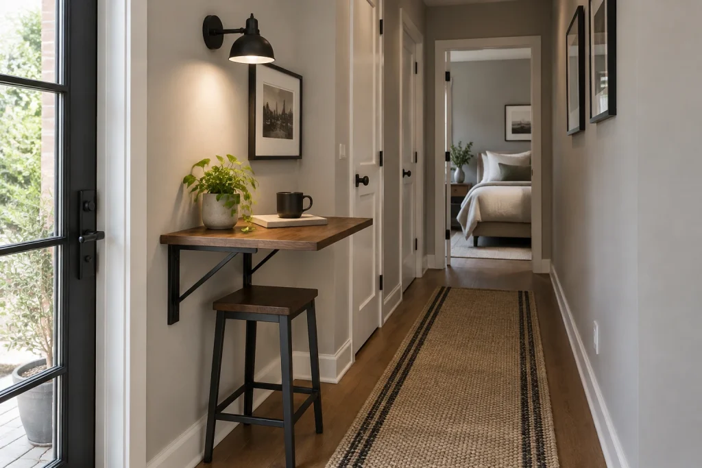 Wall-mounted fold-down table as a hallway workspace, Industrial modern, renter-friendly Narrow hall or corridor (suitable for rented apartment) interior