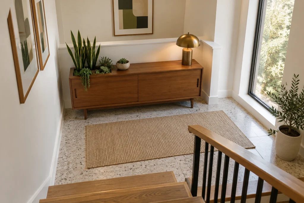 Integrated low storage and planter on a stair landing, Mid-century modern Stair landing with short wall ledge interior