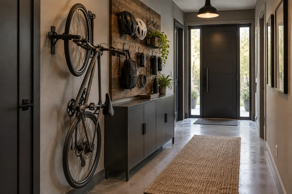 Vertical bike and gear wall system for an urban hallway, Utility industrial Narrow urban hallway or mudroom corridor interior