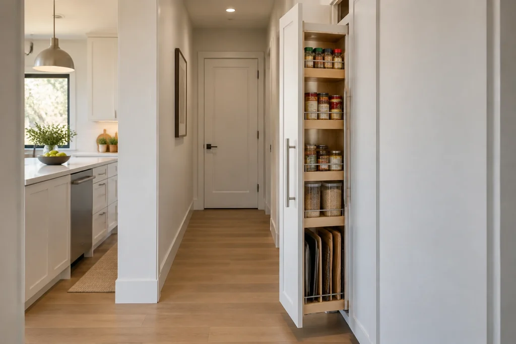 Slim pull-out pantry unit built into a corridor wall, Modern minimalist kitchen-adjacent Narrow corridor adjacent to kitchen (approx. 3 ft wide) interior