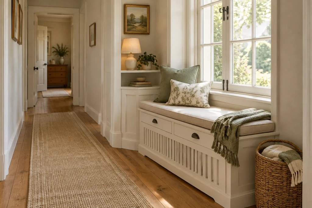 Radiator cover bench with concealed drawers beneath a window, English cottage Narrow bay or window alcove off a hallway interior