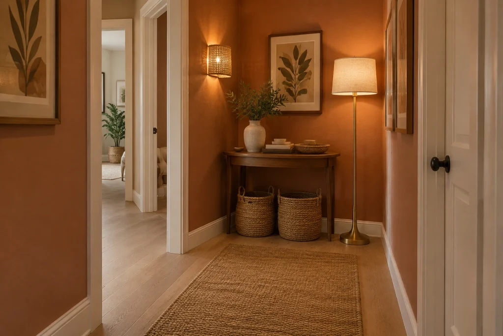 Curved corner console with layered lighting for a narrow entry corner, Boho eclectic Tight 90° corner at the end of a hallway interior