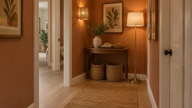 Curved corner console with layered lighting for a narrow entry corner, Boho eclectic Tight 90° corner at the end of a hallway interior