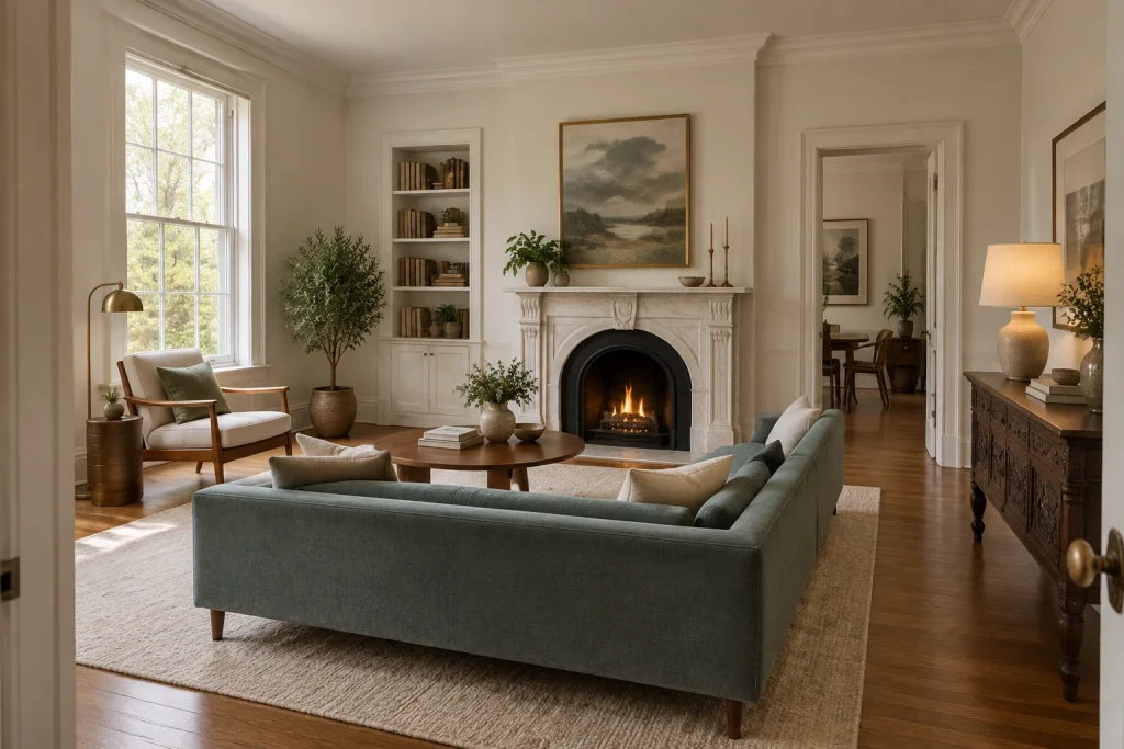 Midcentury Sofa Anchored to a Restored Fireplace with Carved Antique Console, Midcentury modern core with a single carved Victorian-era accent Living room in a older single-family home with fireplace interior