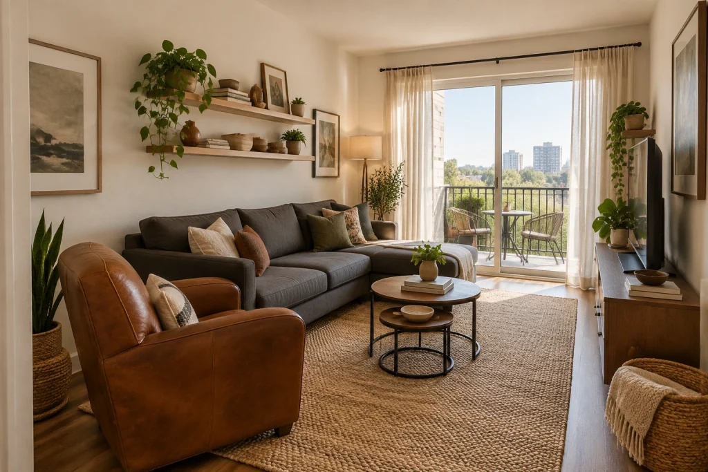 Renter-Friendly Small Apartment Mix — Reupholstered Vintage Chair + Modular Modern Sofa, Eclectic boho-modern focused on budget and renter-friendly details Small city apartment living area with sliding glass door interior