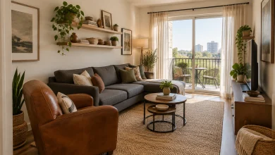 Renter-Friendly Small Apartment Mix — Reupholstered Vintage Chair + Modular Modern Sofa, Eclectic boho-modern focused on budget and renter-friendly details Small city apartment living area with sliding glass door interior