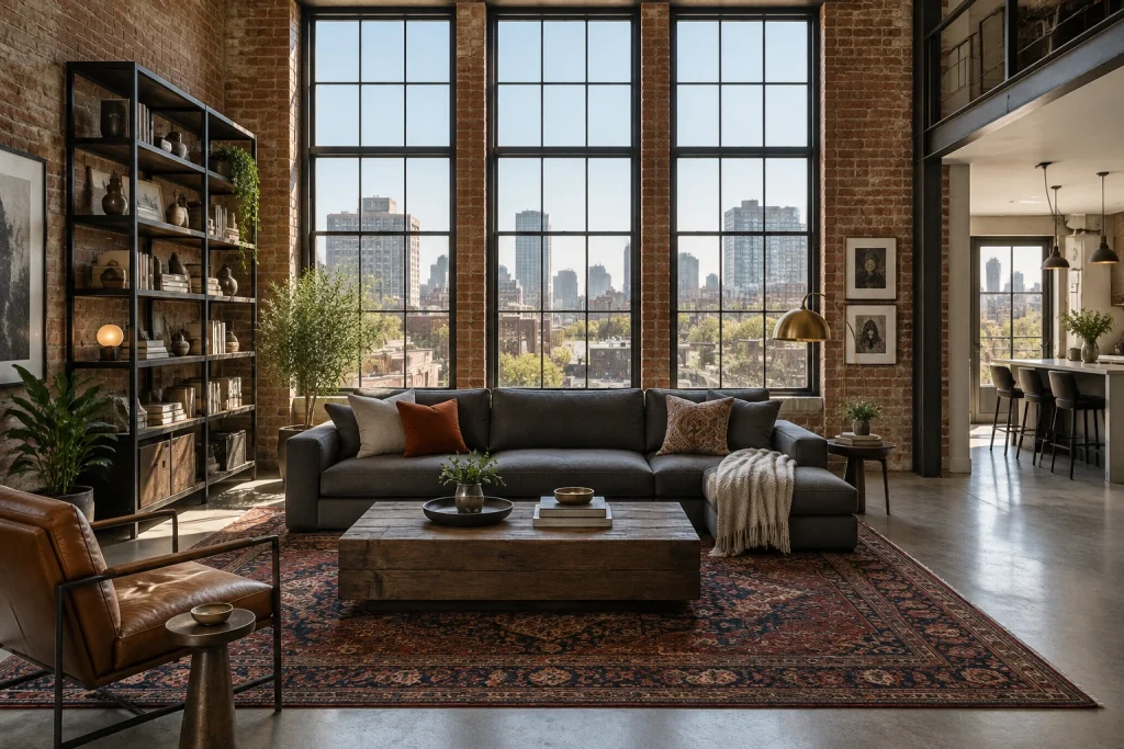 Loft-Style Industrial: Reclaimed Wood, Steel Windows, Persian Rug Layering, Industrial loft meets modern minimalism Open-plan urban loft living area with exposed brick interior