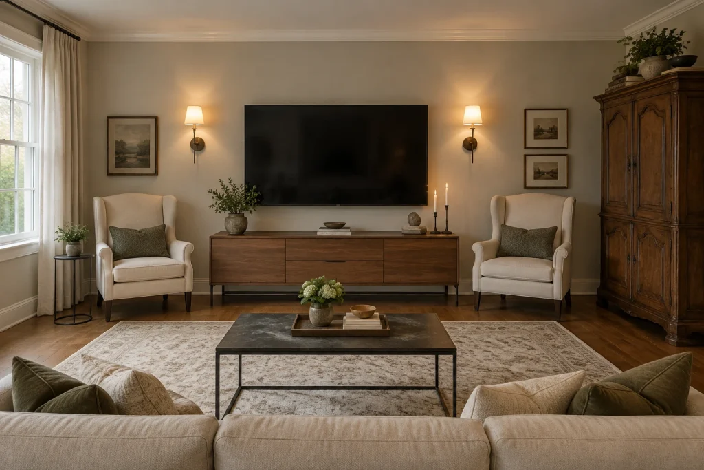 Transitional TV Wall: Antique Armoire Reused as Media Storage with Sleek Modern Console, Transitional mix of traditional antiques and contemporary lines Suburban living room focused on TV/media interior