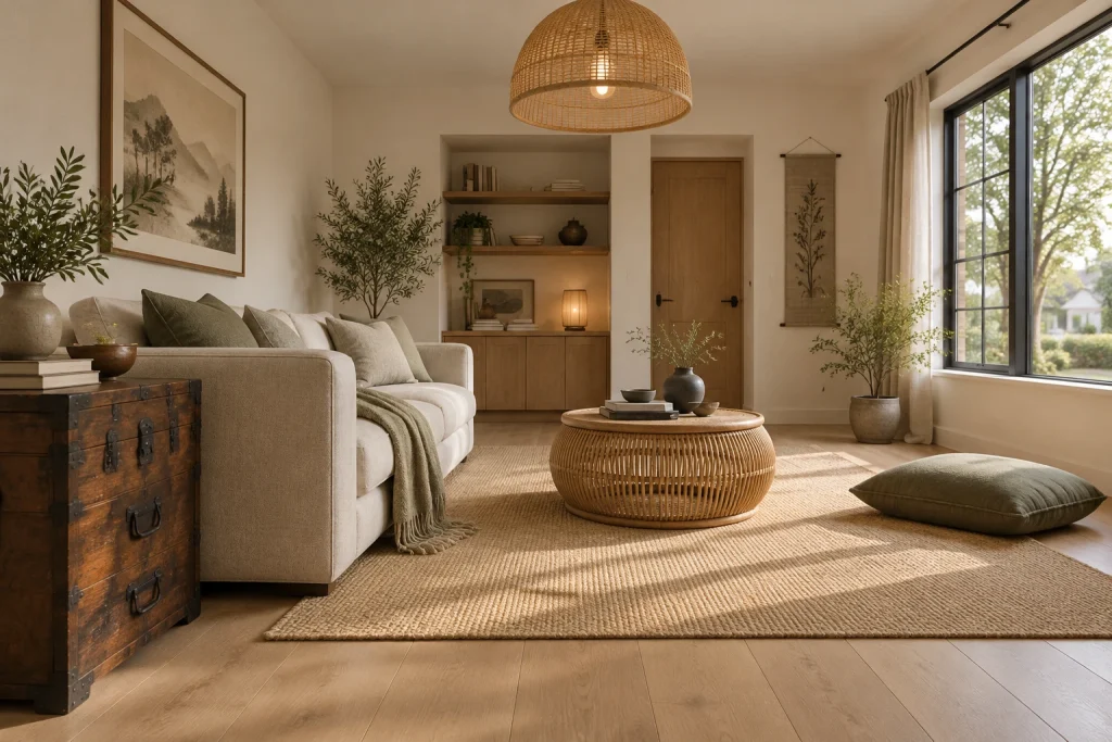 Japandi Calm: Tansu Chest as Accent + Scandinavian Modern Sofa, Japandi — Japanese vintage meets Scandinavian minimalism Calm suburban living room with large operable window interior
