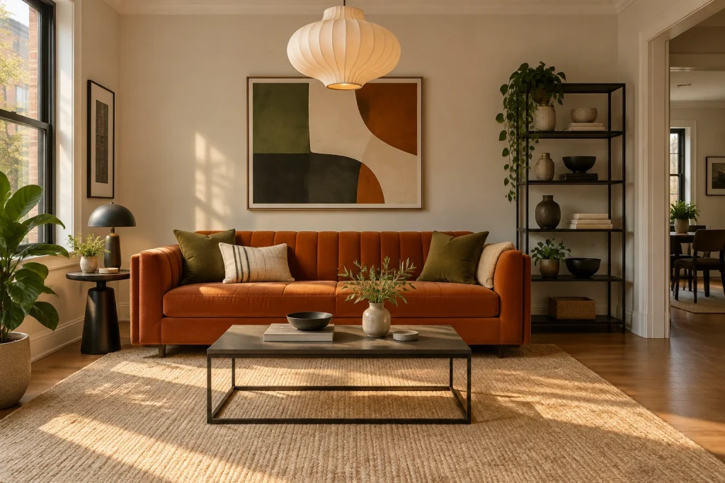 1970s Statement Sofa Reupholstered with Geometric Modern Accents, Bold vintage focal piece with contemporary graphic accents City townhouse living room, mid-sized interior