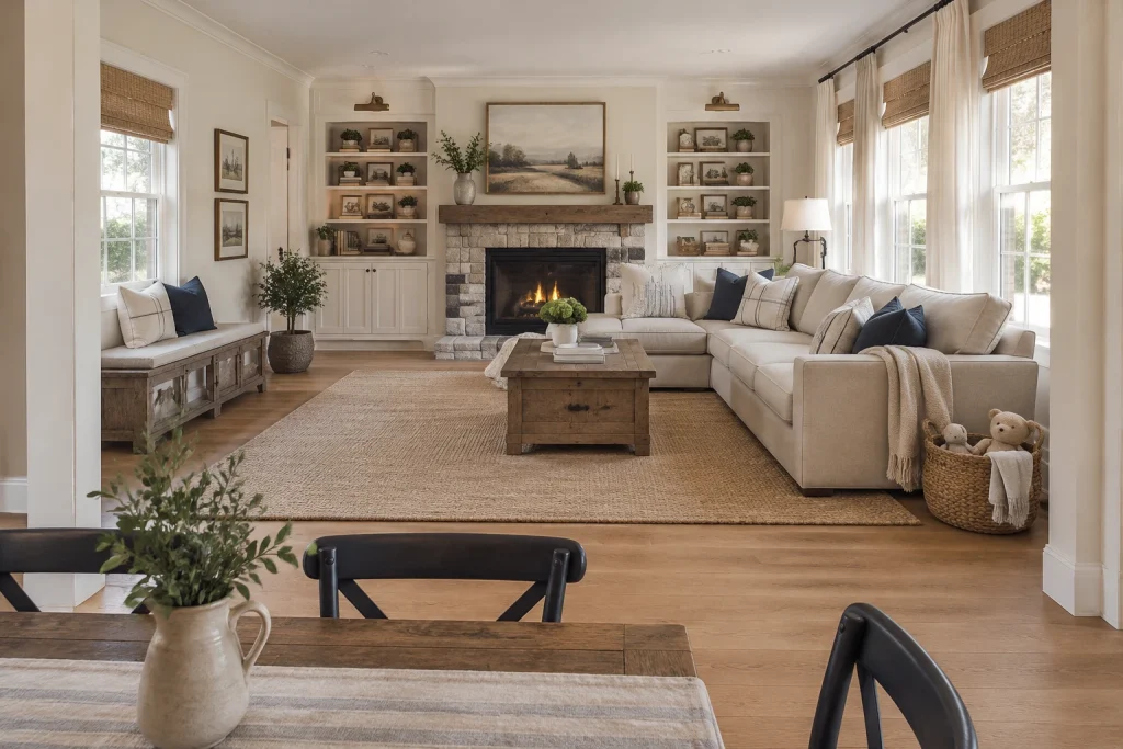 Family-Friendly Farmhouse Mix: Performance Sectional with Vintage Bench Storage, Modern farmhouse with layered vintage elements for durability Family living room open to dining area interior