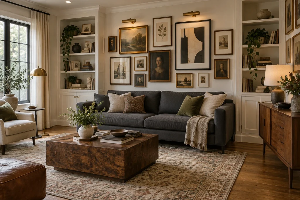 Curated Gallery Wall Above a Sleek Modern Sofa with Low Vintage Credenza, Contemporary eclectic with collected antiques Suburban living room with built-in cabinetry interior