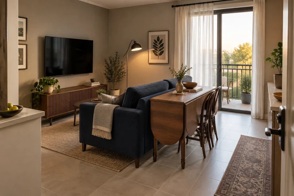 Compact Open-Plan: Drop-Leaf Vintage Table as Console/Dining Behind Modern Loveseat, Urban compact multifunctional living/dining solution Studio or small one-bedroom open-plan living area interior