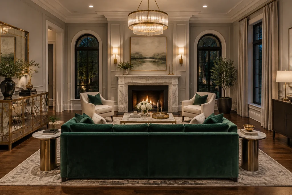 Modern Classic Luxury: Velvet Sofa, Art Deco Cabinet, Marble Fireplace, Modern classic — elevated antiques with contemporary finishes Formal living room in an upscale suburban home interior